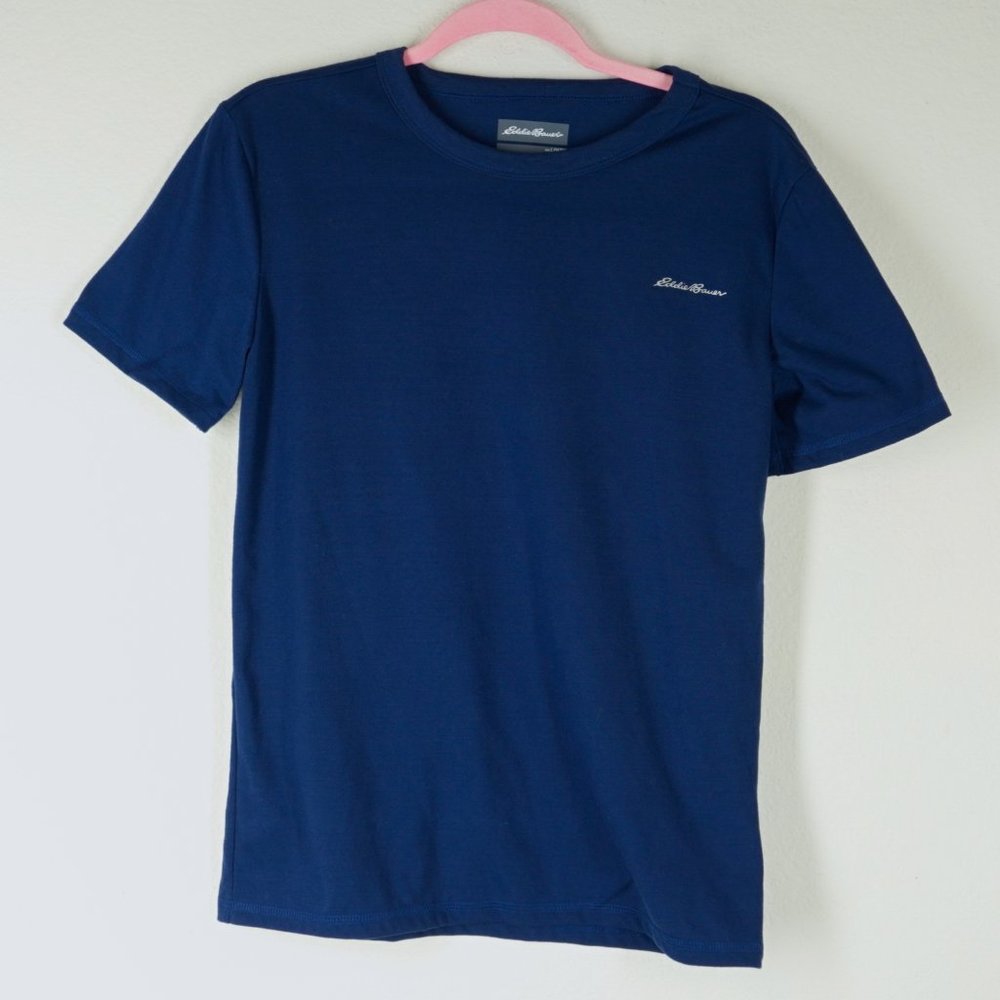 EDDIE BAUER Shirt Navy Blue Short Sleeve Polyester Crew Neck size Youth L